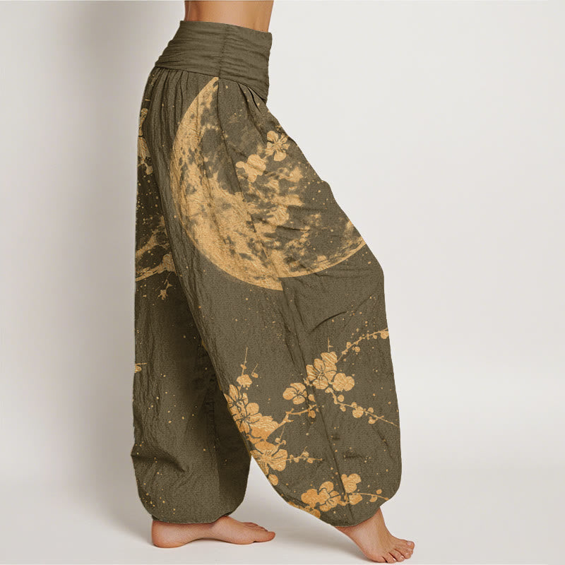 Buddha Stones Pure Cotton Golden Plum Blossom Full Moon Pattern Women's Elastic Waist Harem Pants
