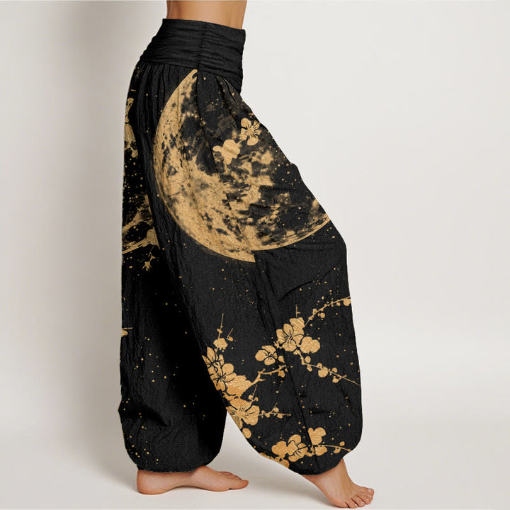 Buddha Stones Pure Cotton Golden Plum Blossom Full Moon Pattern Women's Elastic Waist Harem Pants