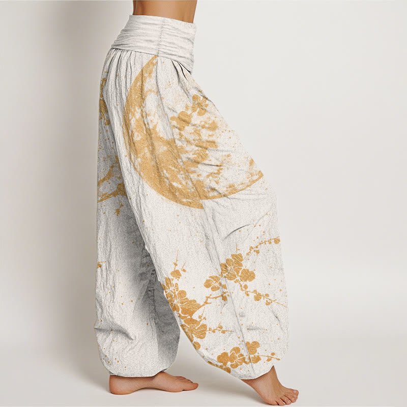 Buddha Stones Pure Cotton Golden Plum Blossom Full Moon Pattern Women's Elastic Waist Harem Pants