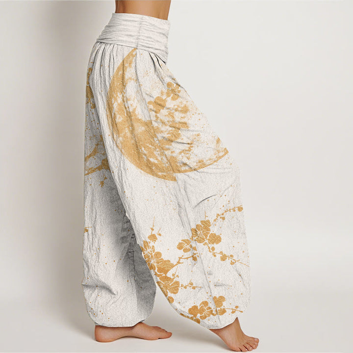 Buddha Stones Pure Cotton Golden Plum Blossom Full Moon Pattern Women's Elastic Waist Harem Pants