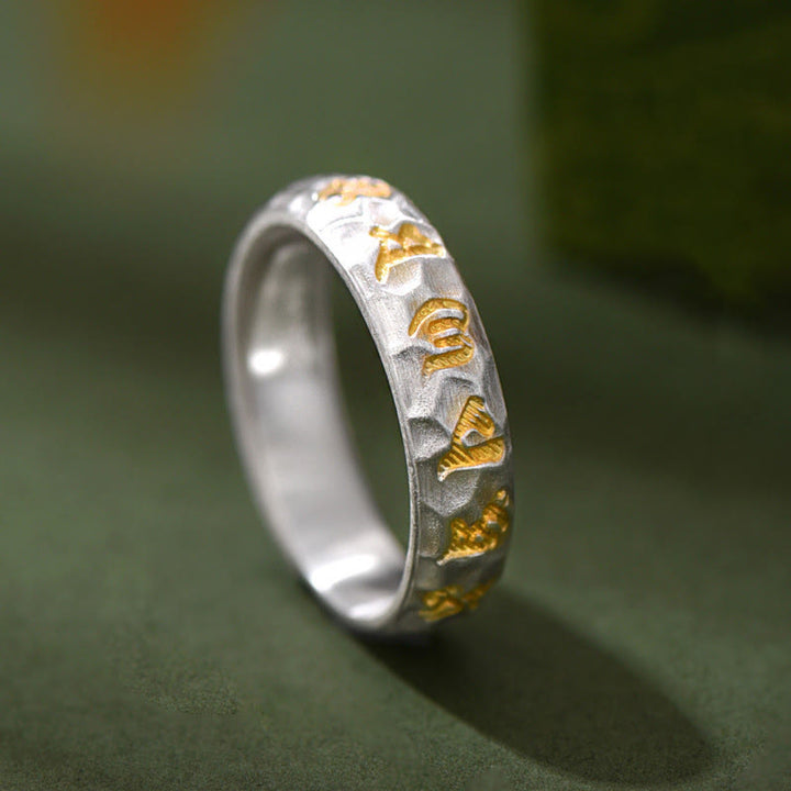 Buddha Stones 999 Sterling Silver Hammer Pattern Om Mani Padme Hum Balance Ring - Silver(5mm) - image 0