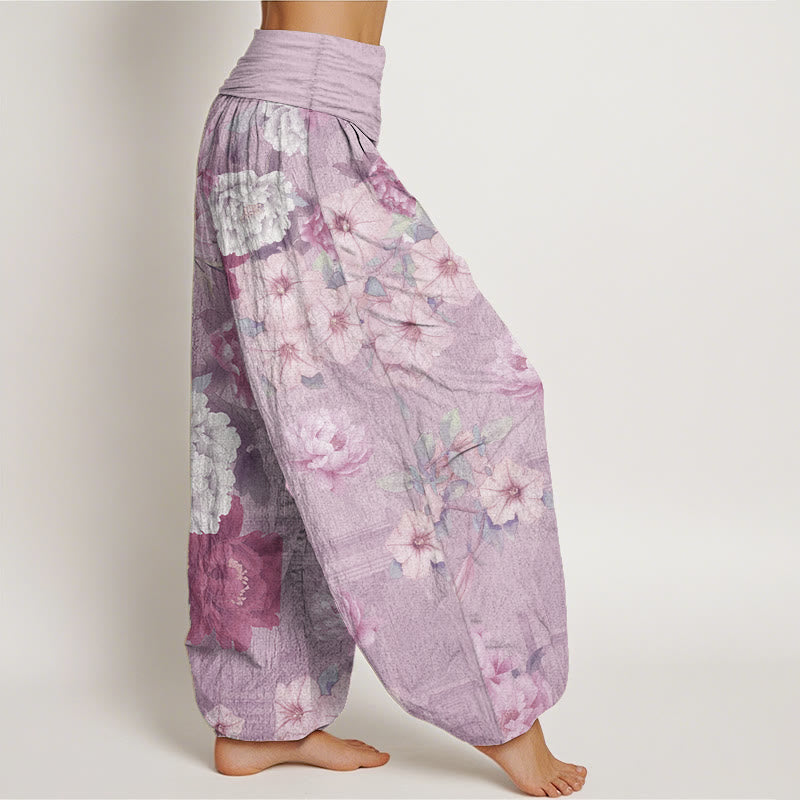 Buddha Stones Pure Cotton Casual Peony Flower Women's Elastic Waist Harem Pants