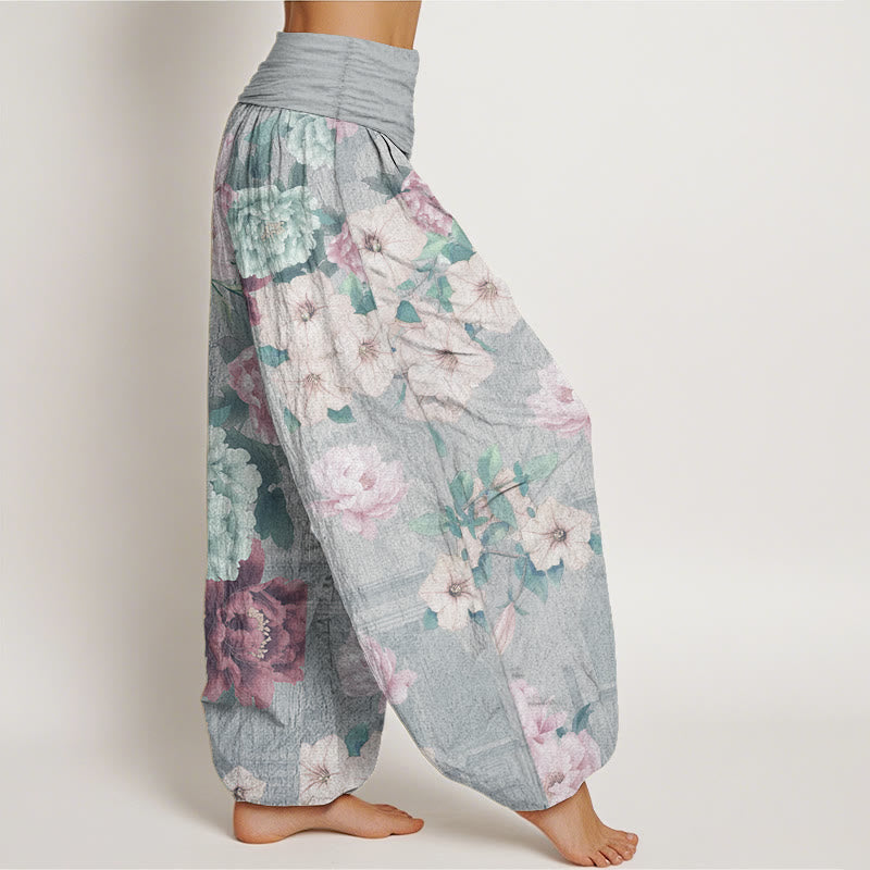 Buddha Stones Pure Cotton Casual Peony Flower Women's Elastic Waist Harem Pants