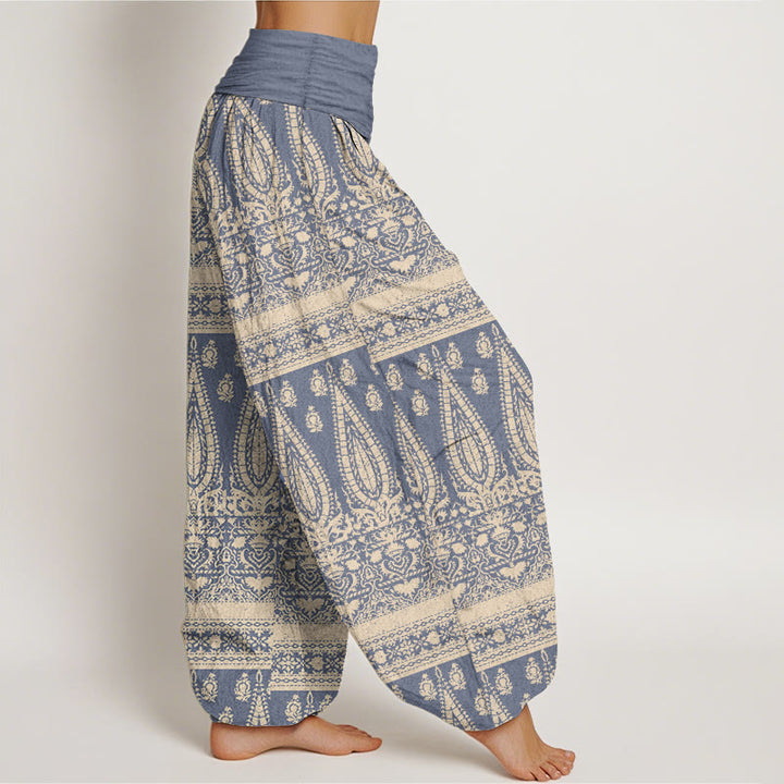 Buddha Stones Pure Cotton Casual Feather Stripes Design Women's Elastic Waist Harem Pants