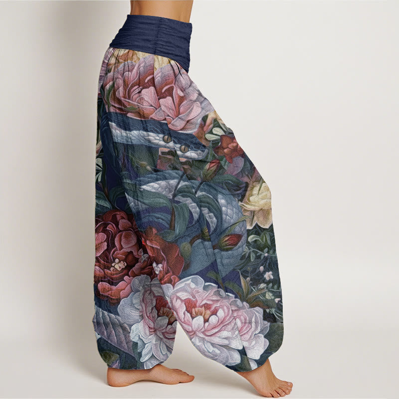 Buddha Stones Pure Cotton Snake Peony Flowers Leaf Pattern Women's Elastic Waist Harem Pants - image 10