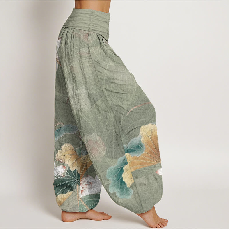 Buddha Stones Pure Cotton Lotus Flowers Leaves Pattern Women's Elastic Waist Harem Pants
