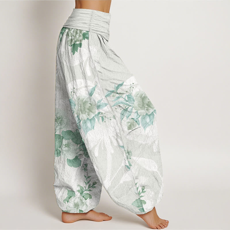 Buddha Stones Pure Cotton Flowers White Leaves Women's Elastic Waist Harem Pants - image 7