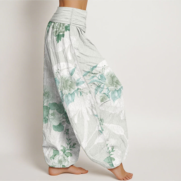 Buddha Stones Pure Cotton Flowers White Leaves Women's Elastic Waist Harem Pants - image 7