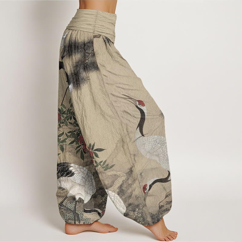 Buddha Stones Pure Cotton Casual Red-crowned Crane Pine Tree Mountain Women's Elastic Waist Harem Pants