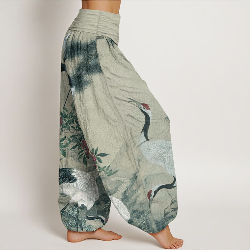 Buddha Stones Pure Cotton Casual Red-crowned Crane Pine Tree Mountain Women's Elastic Waist Harem Pants