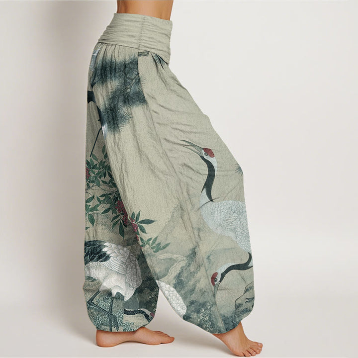 Buddha Stones Pure Cotton Casual Red-crowned Crane Pine Tree Mountain Women's Elastic Waist Harem Pants