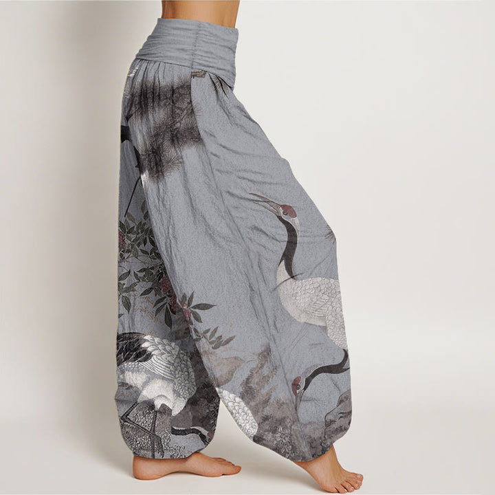 Buddha Stones Pure Cotton Casual Red-crowned Crane Pine Tree Mountain Women's Elastic Waist Harem Pants