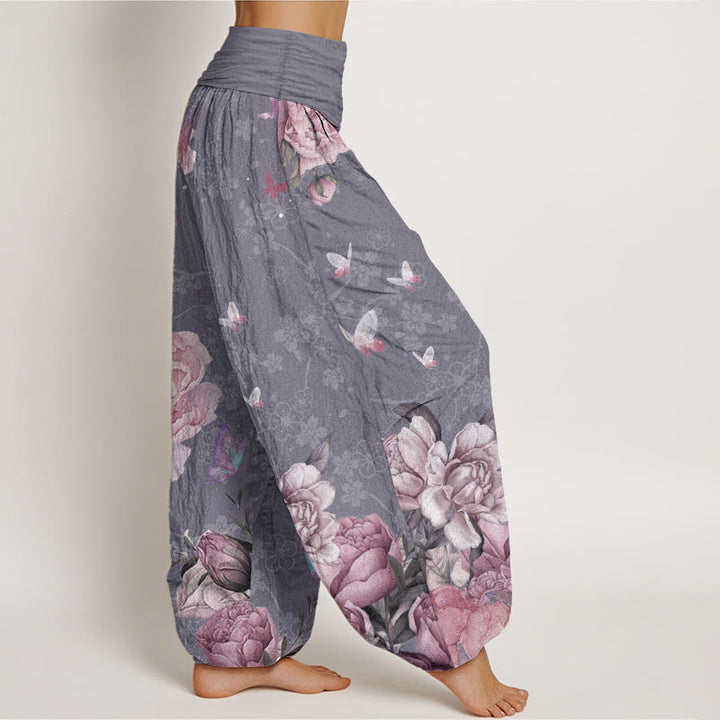 Buddha Stones Pure Cotton Casual Bright Peony Flower Butterfly Women's Elastic Waist Harem Pants
