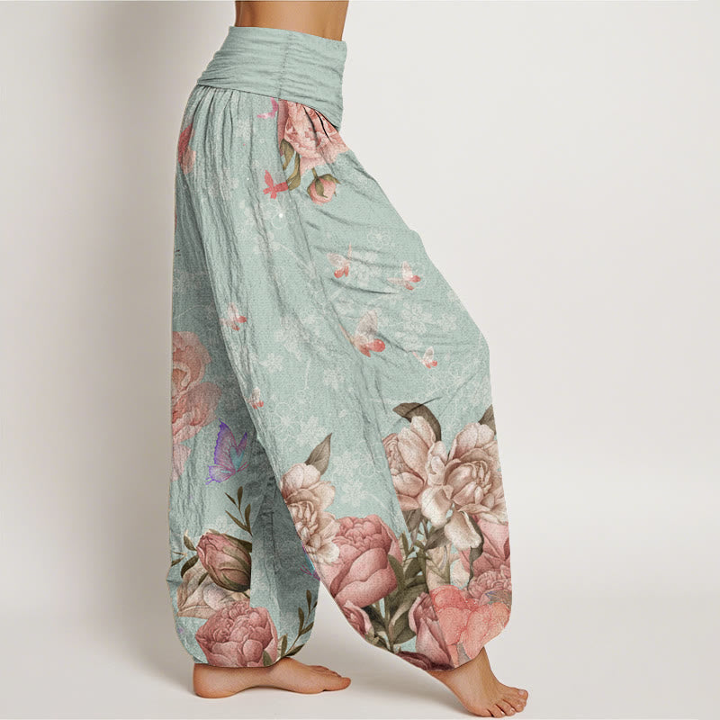 Buddha Stones Pure Cotton Casual Bright Peony Flower Butterfly Women's Elastic Waist Harem Pants