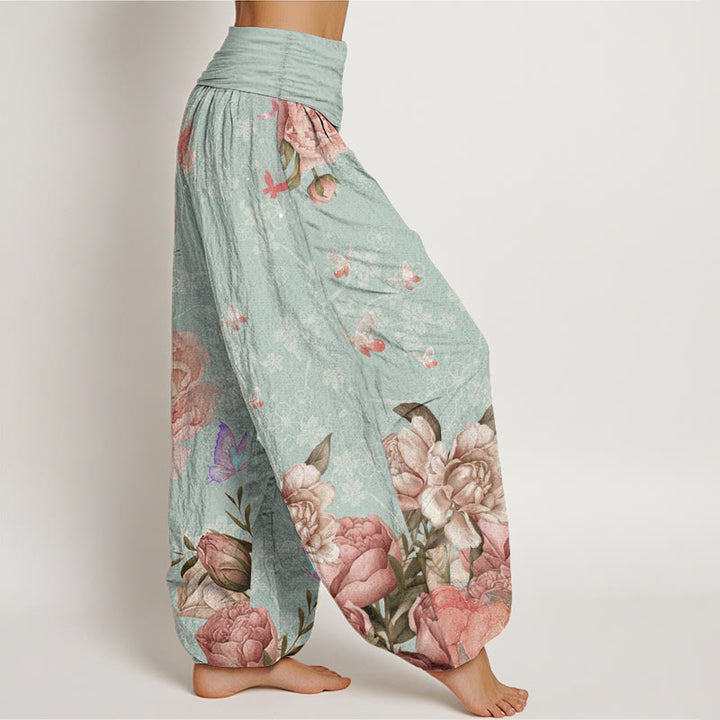 Buddha Stones Pure Cotton Casual Bright Peony Flower Butterfly Women's Elastic Waist Harem Pants