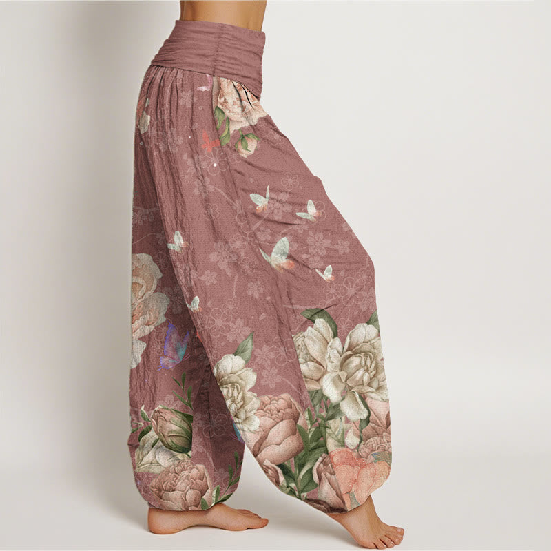 Buddha Stones Pure Cotton Casual Bright Peony Flower Butterfly Women's Elastic Waist Harem Pants