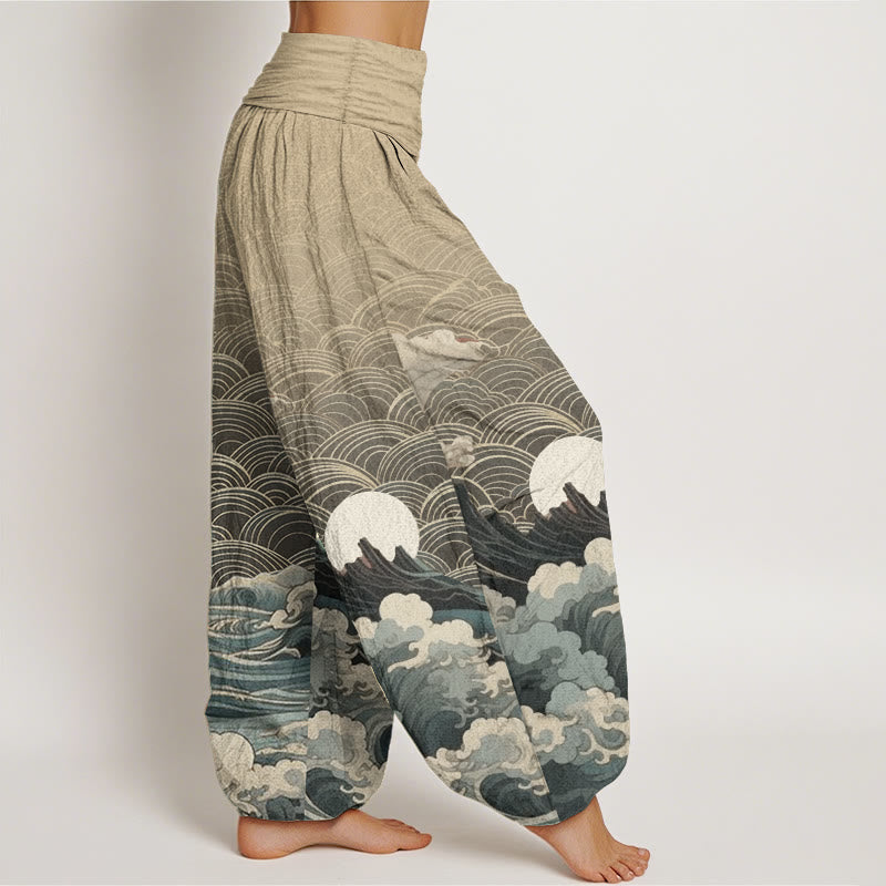Buddha Stones Pure Cotton Casual Wave Moon Mountain Pattern Women's Elastic Waist Harem Pants