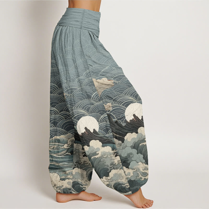 Buddha Stones Pure Cotton Casual Wave Moon Mountain Pattern Women's Elastic Waist Harem Pants