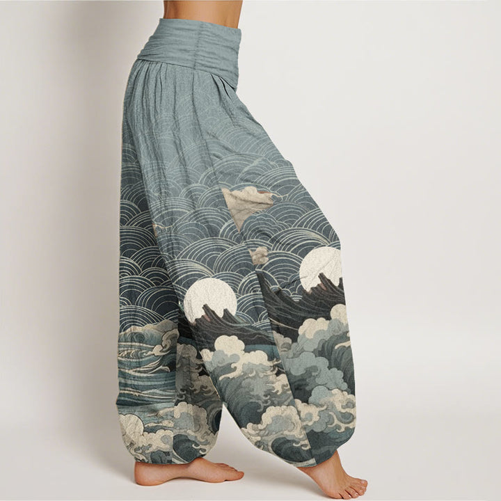 Buddha Stones Pure Cotton Casual Wave Moon Mountain Pattern Women's Elastic Waist Harem Pants