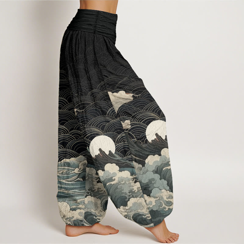 Buddha Stones Pure Cotton Casual Wave Moon Mountain Pattern Women's Elastic Waist Harem Pants