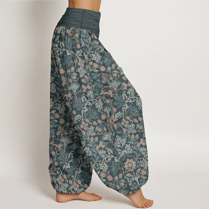 Buddha Stones Pure Cotton Casual Flower Vine Leaves Pattern Women's Elastic Waist Harem Pants