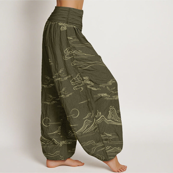 Buddha Stones Pure Cotton Mountain Moon Auspicious Clouds Pattern Women's Elastic Waist Harem Pants - image 13