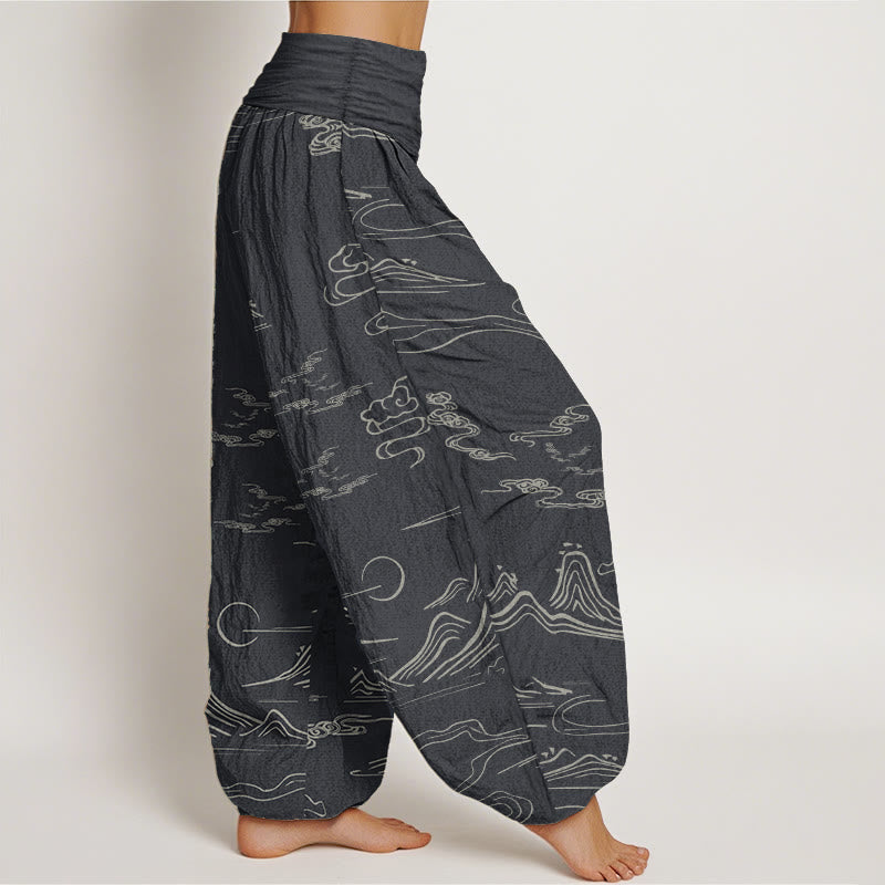 Buddha Stones Pure Cotton Mountain Moon Auspicious Clouds Pattern Women's Elastic Waist Harem Pants - image 2