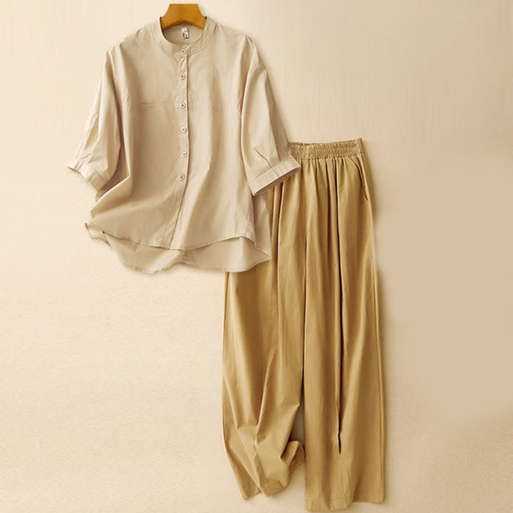 Buddha Stones 2pcs Women's Three-quarter Sleeve Shirt Harem Pants Meditation Clothing Set - Apricot Top + Khaki Pants - US12，UK/AU16，EU44 (2XL) - image 1