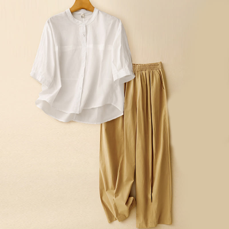 Buddha Stones 2pcs Women's Three-quarter Sleeve Shirt Harem Pants Meditation Clothing Set - Off-White Top + Khaki Pants - US12，UK/AU16，EU44 (2XL) - image 17