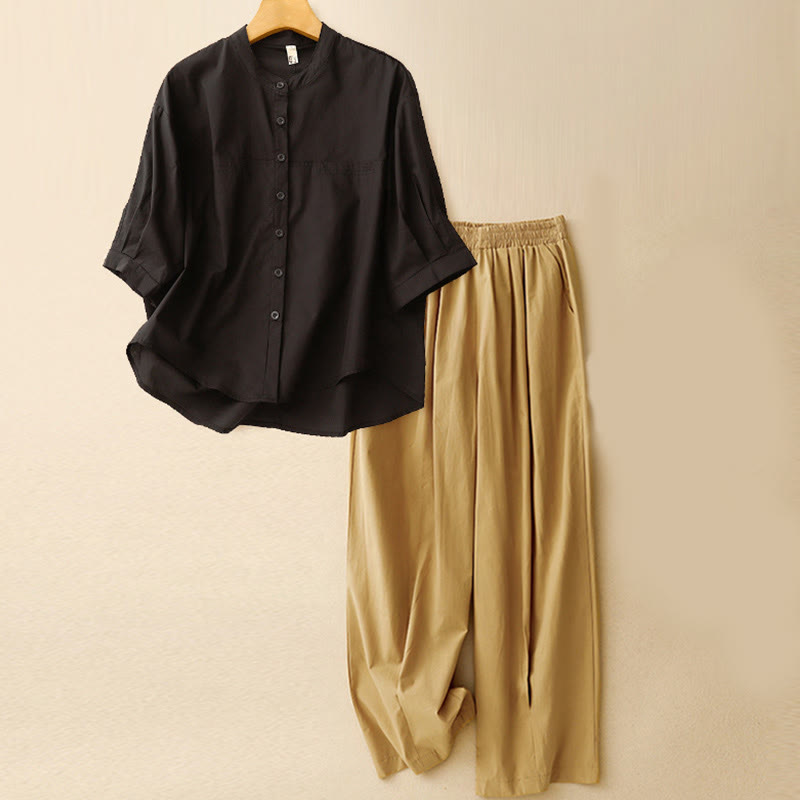 Buddha Stones 2pcs Women's Three-quarter Sleeve Shirt Harem Pants Meditation Clothing Set - Black Top + Khaki Pants - US12，UK/AU16，EU44 (2XL) - image 24