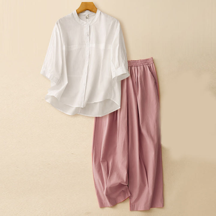 Buddha Stones 2pcs Women's Three-quarter Sleeve Shirt Harem Pants Meditation Clothing Set - Off-White Top + Pink Pants - US12，UK/AU16，EU44 (2XL) - image 26