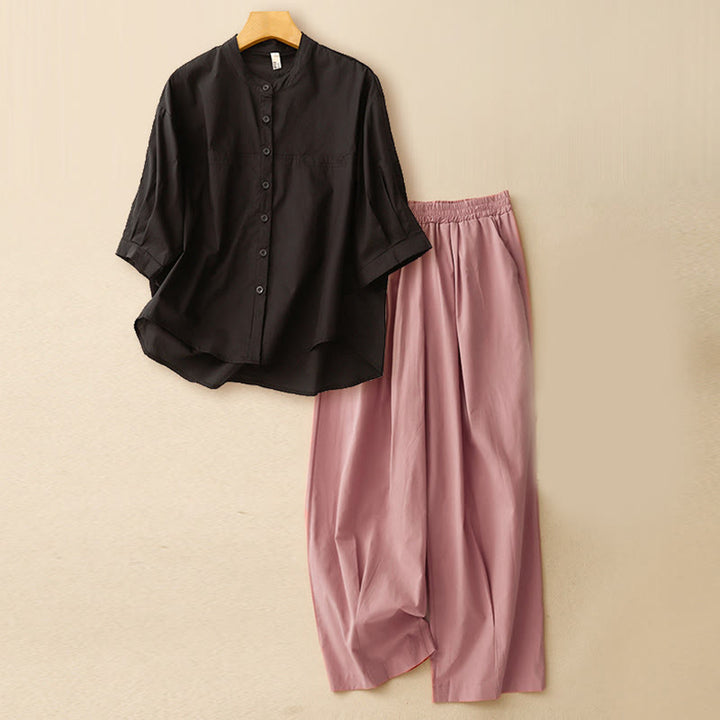 Buddha Stones 2pcs Women's Three-quarter Sleeve Shirt Harem Pants Meditation Clothing Set - Black Top + Pink Pants - US12，UK/AU16，EU44 (2XL) - image 27