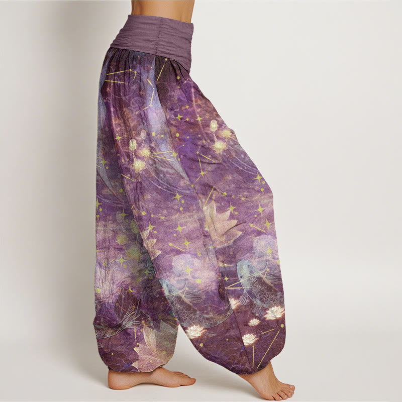 Buddha Stones Pure Cotton Koi Fish Lotus Moon Stars Pattern Women's Elastic Waist Harem Pants - image 7