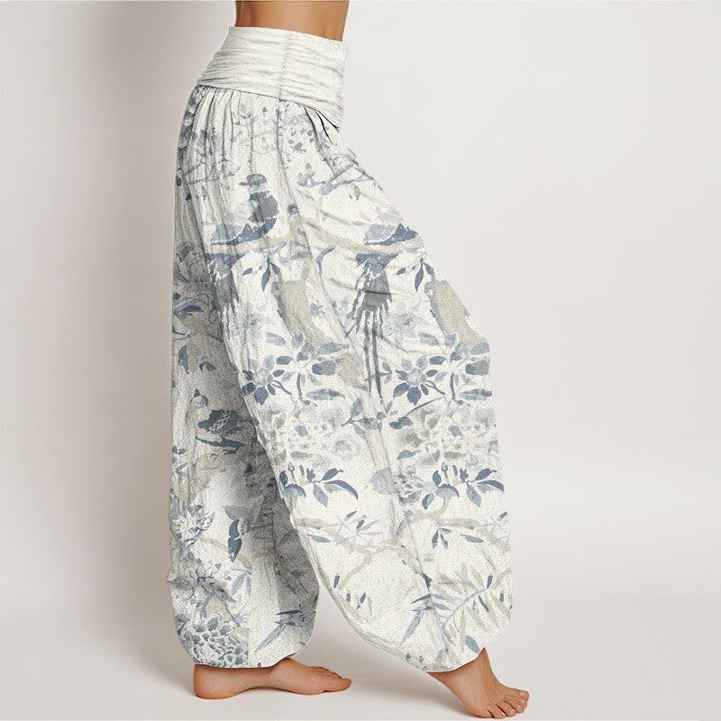 Buddha Stones Pure Cotton Birds Branches Flowers Pattern Women's Elastic Waist Harem Pants