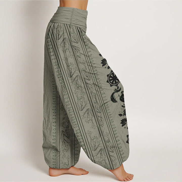 Buddha Stones Pure Cotton Dharma Wheel Lotus OM Pattern Women's Elastic Waist Harem Pants - image 6