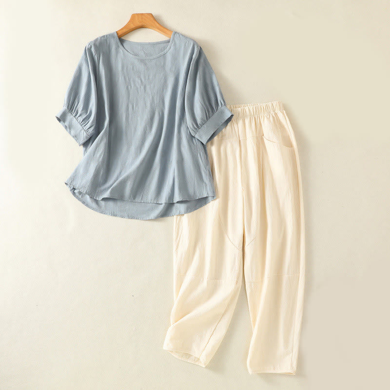 Buddha Stones 2pcs Plain Women's Short Sleeve Shirt Harem Pants Meditation Clothing Set - LightSkyBlue - US8-10，UK/AU12-14，EU40-42 (2XL) - image 1