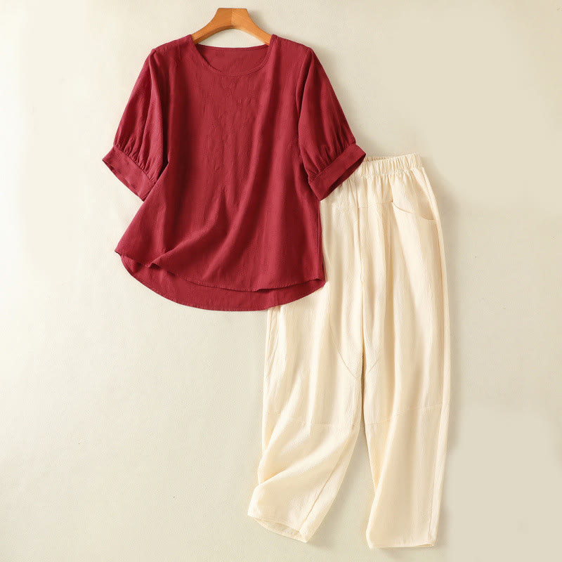 Buddha Stones 2pcs Plain Women's Short Sleeve Shirt Harem Pants Meditation Clothing Set - Brown - US8-10，UK/AU12-14，EU40-42 (2XL) - image 24