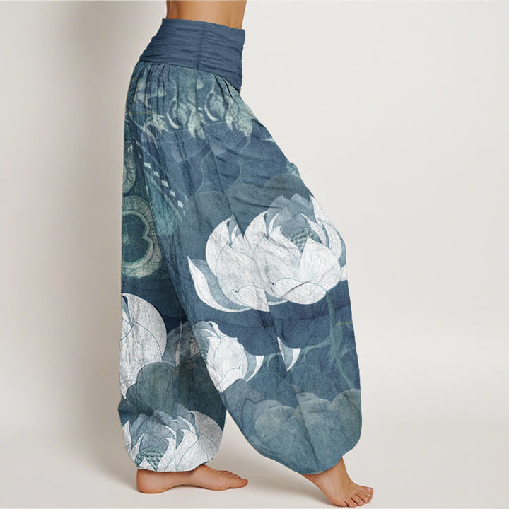Buddha Stones Pure Cotton White Lotus Leaves Pattern Casual Women's Elastic Waist Harem Pants