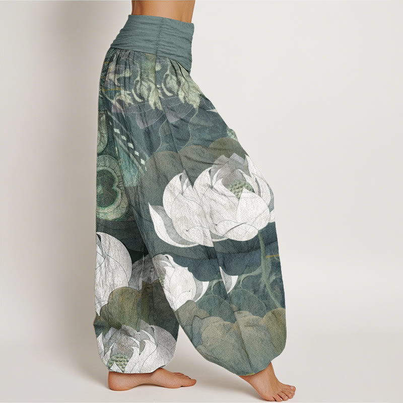 Buddha Stones Pure Cotton White Lotus Leaves Pattern Casual Women's Elastic Waist Harem Pants
