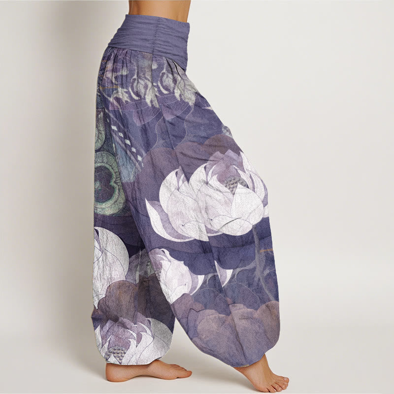 Buddha Stones Pure Cotton White Lotus Leaves Pattern Casual Women's Elastic Waist Harem Pants