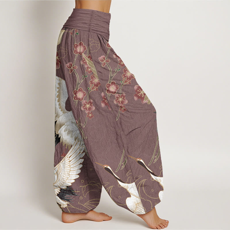 Buddha Stones Pure Cotton Cranes Flowers Auspicious Clouds Pattern Women's Elastic Waist Harem Pants