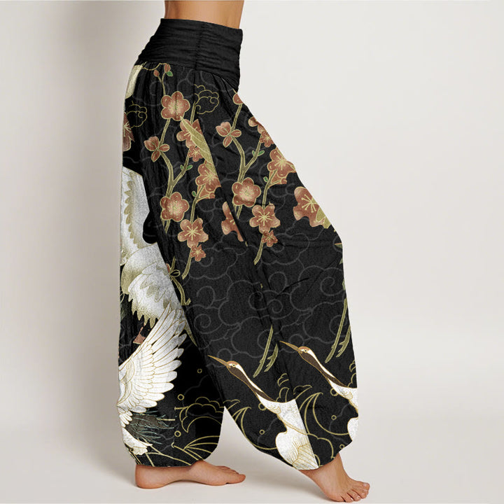 Buddha Stones Pure Cotton Cranes Flowers Auspicious Clouds Pattern Women's Elastic Waist Harem Pants