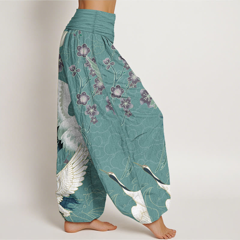 Buddha Stones Pure Cotton Cranes Flowers Auspicious Clouds Pattern Women's Elastic Waist Harem Pants