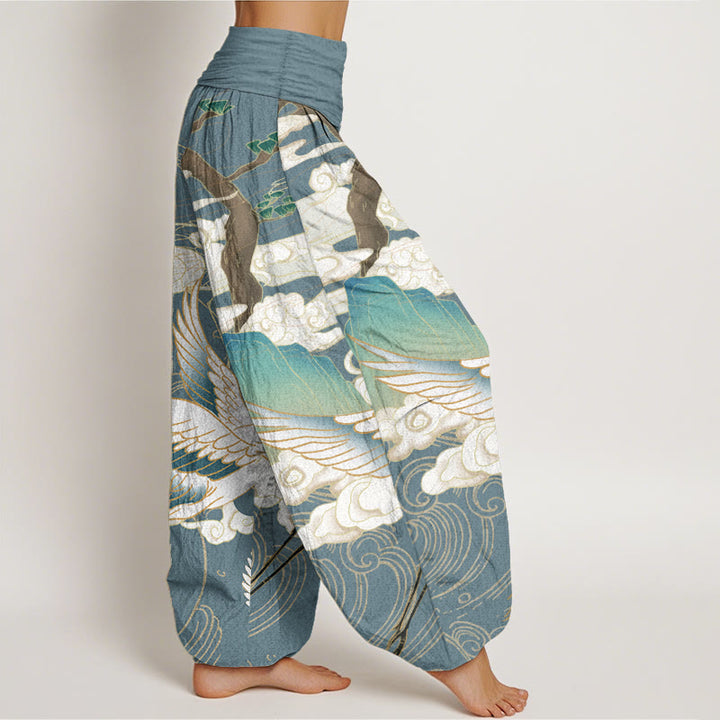 Buddha Stones Pure Cotton Flying Cranes Auspicious Clouds Tree women's Elastic Waist Harem Pants - image 10