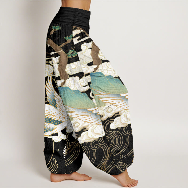 Buddha Stones Pure Cotton Flying Cranes Auspicious Clouds Tree women's Elastic Waist Harem Pants - image 2