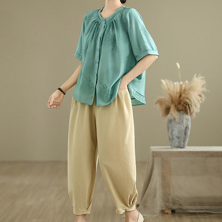 Buddha Stones 2pcs Casual Women's Short Sleeve Shirt Harem Pants Meditation Clothing Set - image 4