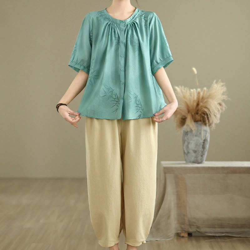 Buddha Stones 2pcs Casual Women's Short Sleeve Shirt Harem Pants Meditation Clothing Set - image 3