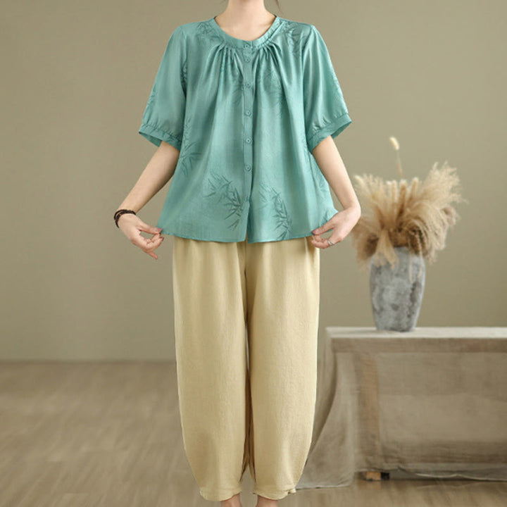 Buddha Stones 2pcs Casual Women's Short Sleeve Shirt Harem Pants Meditation Clothing Set - image 3
