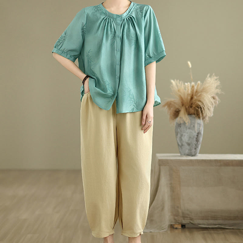 Buddha Stones 2pcs Casual Women's Short Sleeve Shirt Harem Pants Meditation Clothing Set - MediumTurquoise - US12，UK/AU16，EU44 (2XL) - image 1