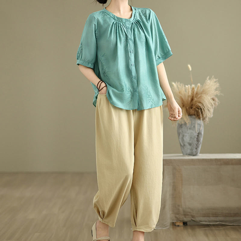Buddha Stones 2pcs Casual Women's Short Sleeve Shirt Harem Pants Meditation Clothing Set - image 6